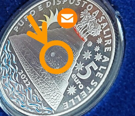 moneta 5 euro argento colori purgatorio di dante 2022 difetto di conio