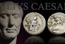 ritratto giulio cesare denario corona lituus giunone sospita biga moneta senato