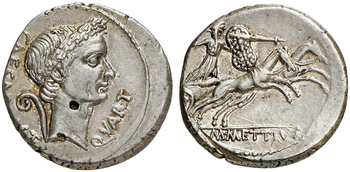 ritratto giulio cesare denario corona lituus giunone sospita biga moneta senato