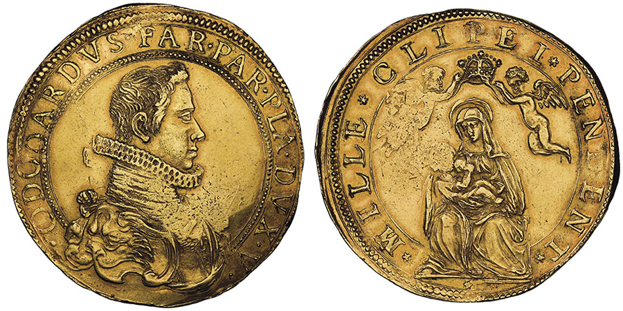 L'eccezionale moneta da 6 doppie in oro senza data fatta coniare a Parma da Odoardo Fanrese e raffigurante sul rovescio la Madonna della Steccata con due cherubini che le pongono una corona sul capo