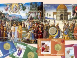 filatelia e numismatica vaticano monete francobolli papa francesco perugino 2 euro