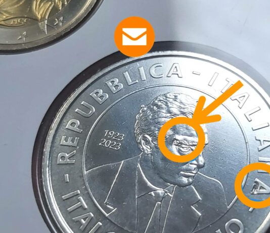 difetto di conio 5 euro calvino argento italia zecca
