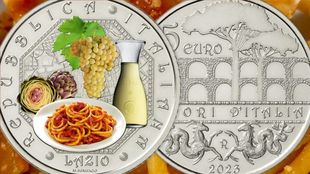 sapori del lazio amatriciana frascati uva pecorino carbonara caio e pepe moneta 5 euro marta bonifacio ipzs