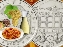 sapori del lazio amatriciana frascati uva pecorino carbonara caio e pepe moneta 5 euro marta bonifacio ipzs