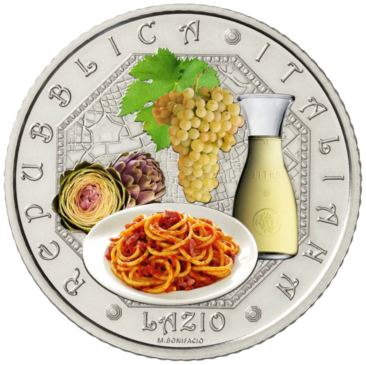 sapori del lazio amatriciana frascati uva pecorino carbonara caio e pepe moneta 5 euro marta bonifacio ipzs