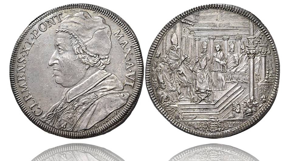 notte di natale 1705 piastra papa albani argento moneta rara basilica santa maria maggiore roma