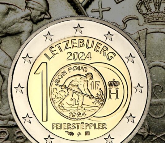 moneta da 2 euro lussemburgo acciaieria altoforno operaio fuoco chiara principe franco 1924