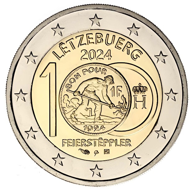 moneta da 2 euro lussemburgo acciaieria altoforno operaio fuoco chiara principe franco 1924