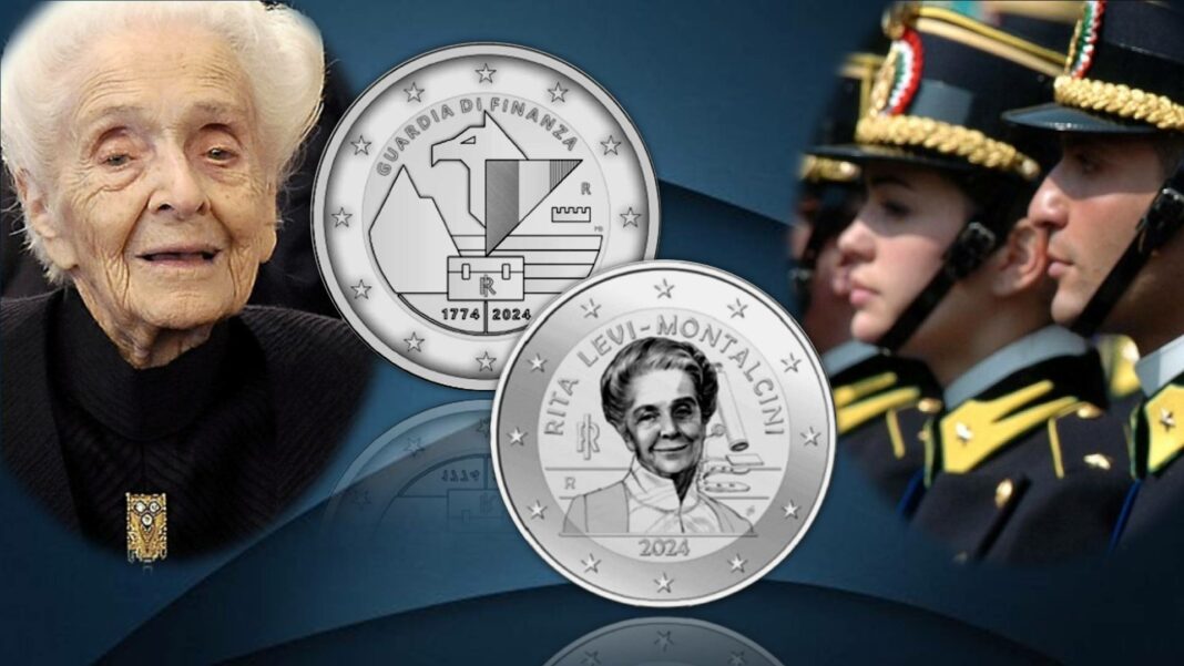 2 euro italiani 2024 rita levi-montalcini guardia di finanza premio nobel zodiaco ariete leone sagittario ipzs segni di fuoco
