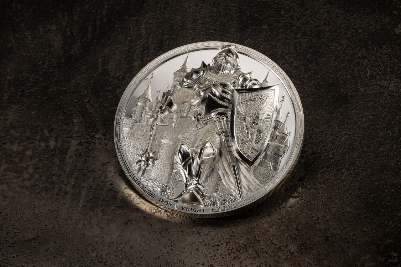 iron knight moneta argento cit coin invest smartminting calaviere castello spada elmo scudo drago medioevo