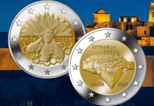 l'ape e la cittadella di gozo 2 euro monete malta 2024 maria anna frisone noel galea bason