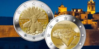 l'ape e la cittadella di gozo 2 euro monete malta 2024 maria anna frisone noel galea bason