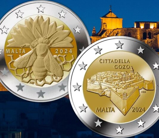 l'ape e la cittadella di gozo 2 euro monete malta 2024 maria anna frisone noel galea bason