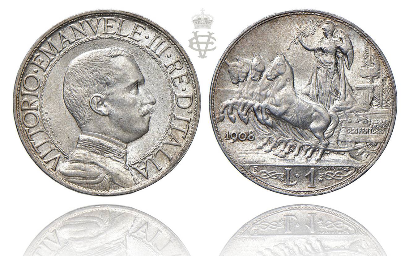 moneta da 5 lire 1908 prova progetto martinori traina quadriga argento