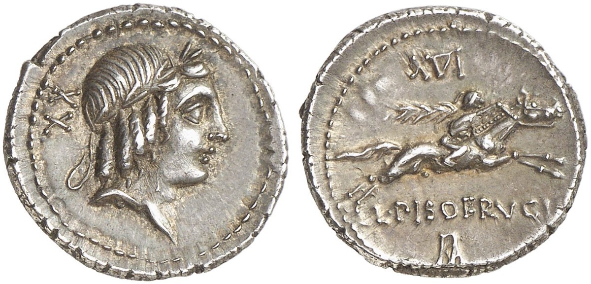 moneta numismatica rarità denario piso frugi roma repubblica argento cicerone apollo cavaliere ludi apollinei