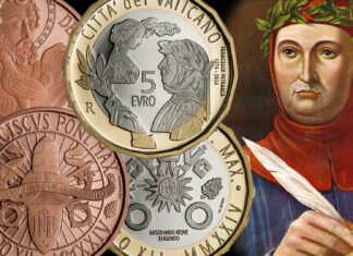 due monete proof vaticane gallo di san pietro francesco petrarca canzoniere musei vaticani jorge bergoglio zecca cfn