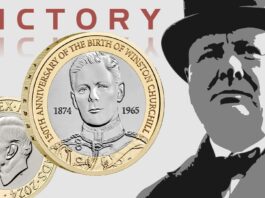 moneta per winston churchill pound bimetallica royal min numismatica ritratto ussari re carlo victory sigaro cubano brandy scotch whisky statista militare