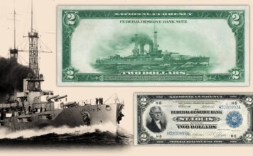 2 dollari usa 1918 banconota federal reserve corazzata new york flotta marina guerra stati uniti oceano crociera