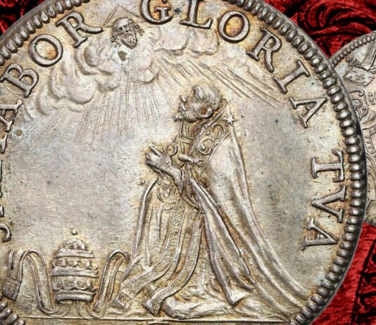 papa clemente x altieri testone preghiera tiara stemma stelle numismatica conclave