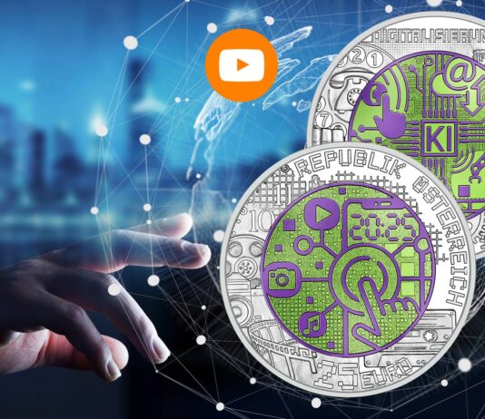 digitalizzazione della società moneta 25 euro austria argento niobio bimetaliica colorata smartphone intelligenza artificale domotica robotica telecomunicazioni internet reti web connettività