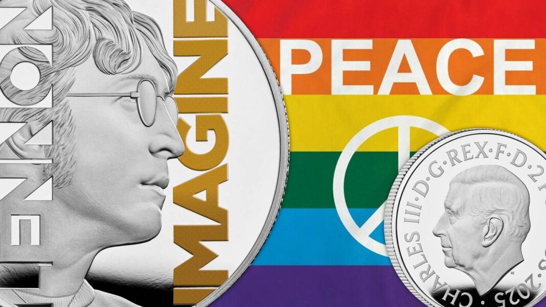imagine di john lennon hit parade musica rock successo inno alla pace non violenza arcobaleno monete royal mint beatles argento oro sterline pound