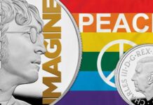 imagine di john lennon hit parade musica rock successo inno alla pace non violenza arcobaleno monete royal mint beatles argento oro sterline pound