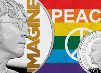 imagine di john lennon hit parade musica rock successo inno alla pace non violenza arcobaleno monete royal mint beatles argento oro sterline pound