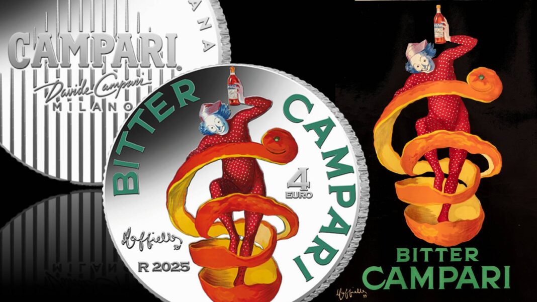 4 euro argento campari moneta collezione ipzs 2025 leonetto cappiello grafica pubblicità spiritello liquore cocktail americano negroni alcolico bitter icona milano da bere moda fashion