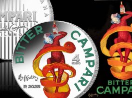 4 euro argento campari moneta collezione ipzs 2025 leonetto cappiello grafica pubblicità spiritello liquore cocktail americano negroni alcolico bitter icona milano da bere moda fashion