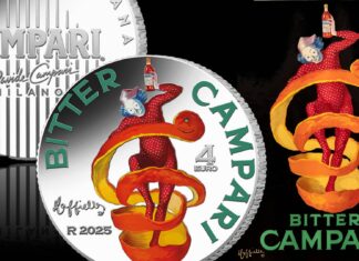 4 euro argento campari moneta collezione ipzs 2025 leonetto cappiello grafica pubblicità spiritello liquore cocktail americano negroni alcolico bitter icona milano da bere moda fashion