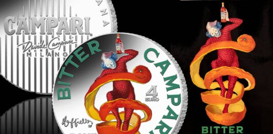 4 euro argento campari moneta collezione ipzs 2025 leonetto cappiello grafica pubblicità spiritello liquore cocktail americano negroni alcolico bitter icona milano da bere moda fashion