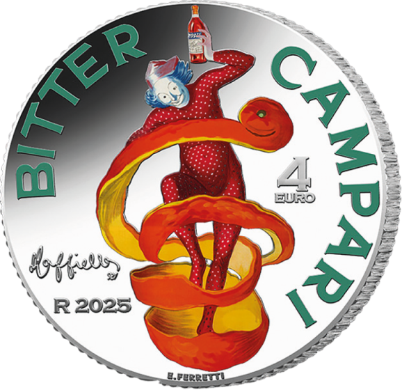4 euro argento campari moneta collezione ipzs 2025 leonetto cappiello grafica pubblicità spiritello liquore cocktail americano negroni alcolico bitter icona milano da bere moda fashion