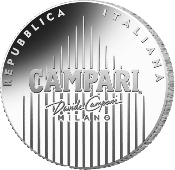 4 euro argento campari moneta collezione ipzs 2025 leonetto cappiello grafica pubblicità spiritello liquore cocktail americano negroni alcolico bitter icona milano da bere moda fashion