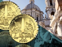 moneta ipzs 10 euro italia oro proof fontana dei quattro fiumi gian lorenzo bernini paizza navona roma barocco capolavoro numismatica collezione novità