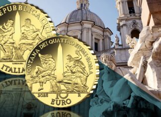 moneta ipzs 10 euro italia oro proof fontana dei quattro fiumi gian lorenzo bernini paizza navona roma barocco capolavoro numismatica collezione novità