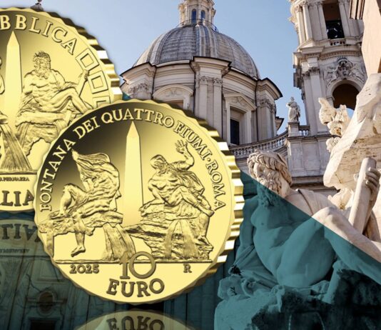 moneta ipzs 10 euro italia oro proof fontana dei quattro fiumi gian lorenzo bernini paizza navona roma barocco capolavoro numismatica collezione novità