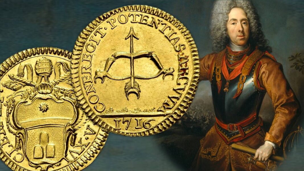 scudo dell'arco spezzato rarissima moneta oro papa clemente xi albani zecca di roma eugenio di savoia assedio belgrado 1717 guerra austria turchia