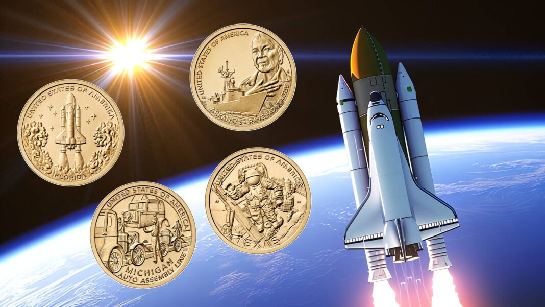 dollari innovazione usa monete dollaro michigan texas arkansas florida space shuttle ford automotive us navy numismatica