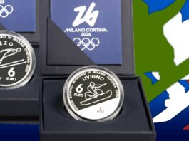 sport e località olimpiche milano cortina 2026 olimpiadi invernali sci salto snowbaord livigno predazzo oncia 6 euro argento moneta ipzs proof tiratura limitata numismatica collezione