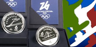 sport e località olimpiche milano cortina 2026 olimpiadi invernali sci salto snowbaord livigno predazzo oncia 6 euro argento moneta ipzs proof tiratura limitata numismatica collezione