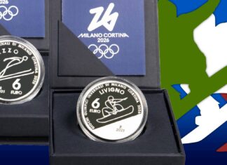 sport e località olimpiche milano cortina 2026 olimpiadi invernali sci salto snowbaord livigno predazzo oncia 6 euro argento moneta ipzs proof tiratura limitata numismatica collezione