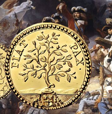 scudo della pace moneta oro clemente xi papa albani fiax pax ulivo guerra di successione spagnola storia numismatica