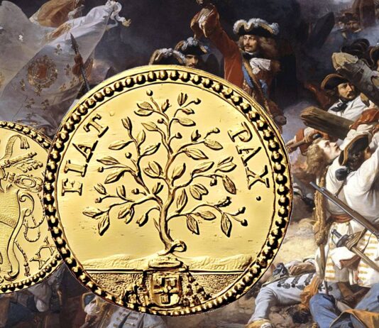 scudo della pace moneta oro clemente xi papa albani fiax pax ulivo guerra di successione spagnola storia numismatica