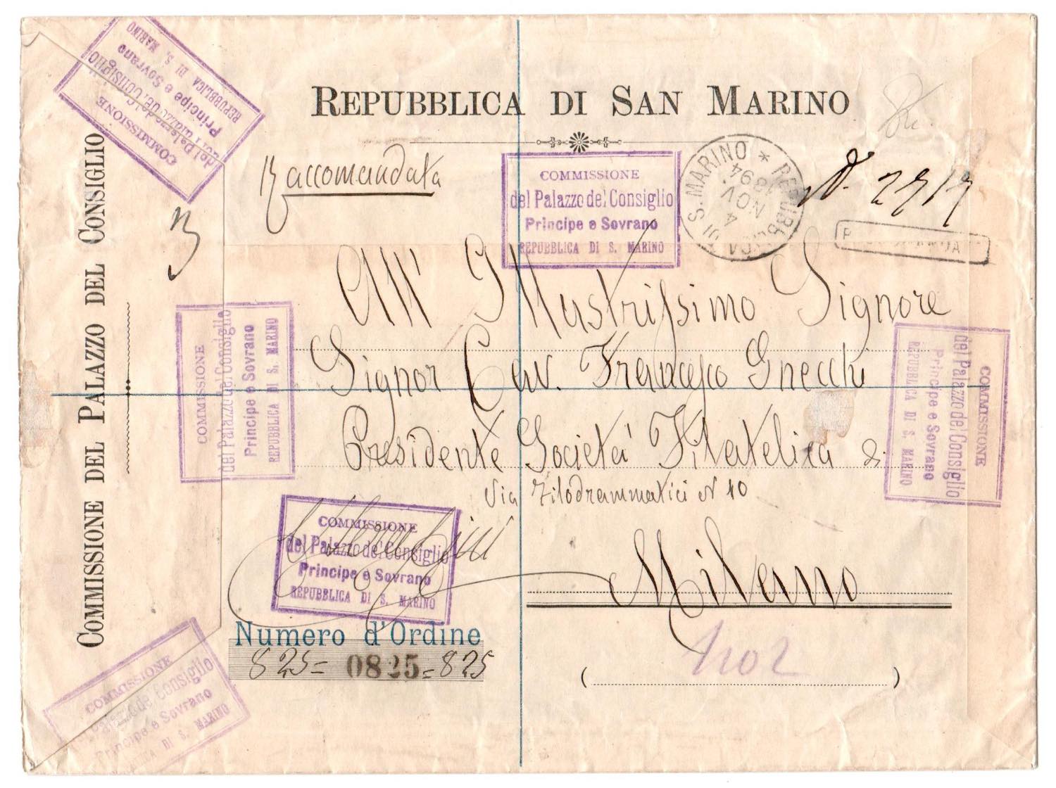 francesco gnecchi filatelia numismatica monete francobolli collezione passione bustone palazzo pubblico 5 lire san marino 1894 asta filsam rarità