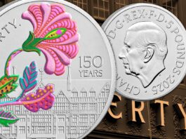 150 anni di liberty grande magazzino londra lusso fashion moda tessuti abbigliamento accessori royal mint stile moneta sterline oro argento colori numismatica collezione