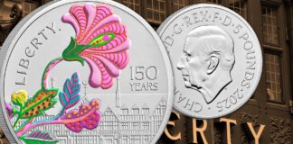 150 anni di liberty grande magazzino londra lusso fashion moda tessuti abbigliamento accessori royal mint stile moneta sterline oro argento colori numismatica collezione