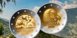 due euro di andorra 2025 giochi dei piccoli stati europa avvoltoio barbuto gipeto natura sport monnaie de paris numismatica collezione