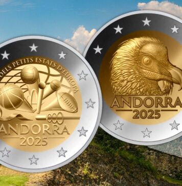 due euro di andorra 2025 giochi dei piccoli stati europa avvoltoio barbuto gipeto natura sport monnaie de paris numismatica collezione