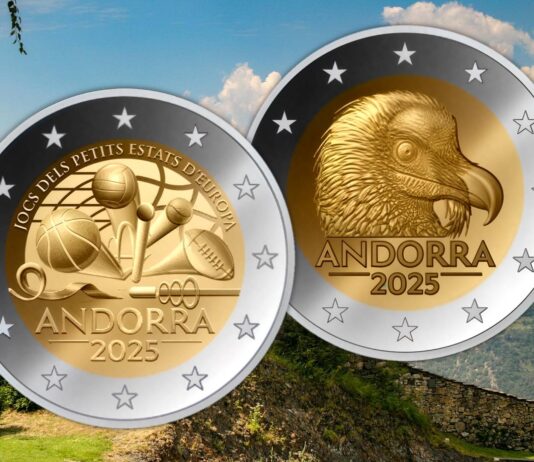 due euro di andorra 2025 giochi dei piccoli stati europa avvoltoio barbuto gipeto natura sport monnaie de paris numismatica collezione