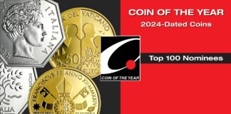 coin of the year premi internazionali numismatica monete 2024 coty italia vaticano san marino marconi ducati g7 pace guerra